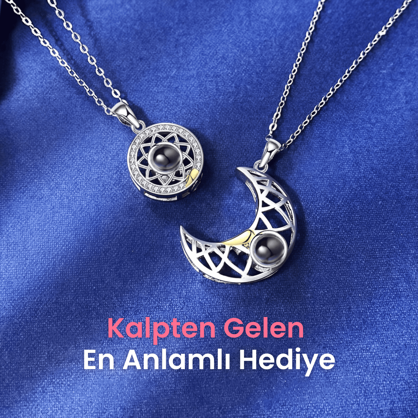 100 Dilde Seni Seviyorum Mercekli Ay-Güneş Sevgili Çift Kolyesi