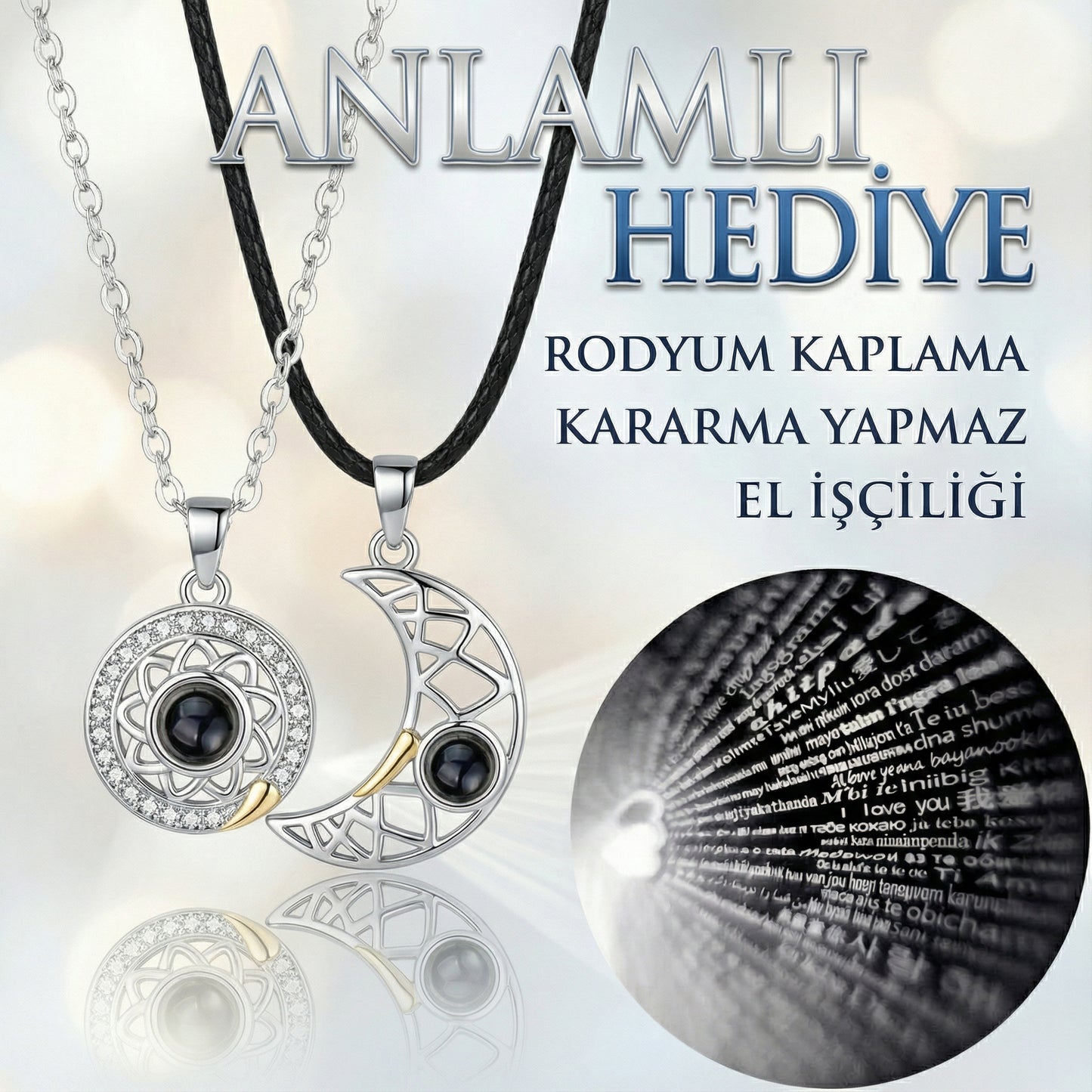100 Dilde Seni Seviyorum Mercekli Ay-Güneş Sevgili Çift Kolyesi