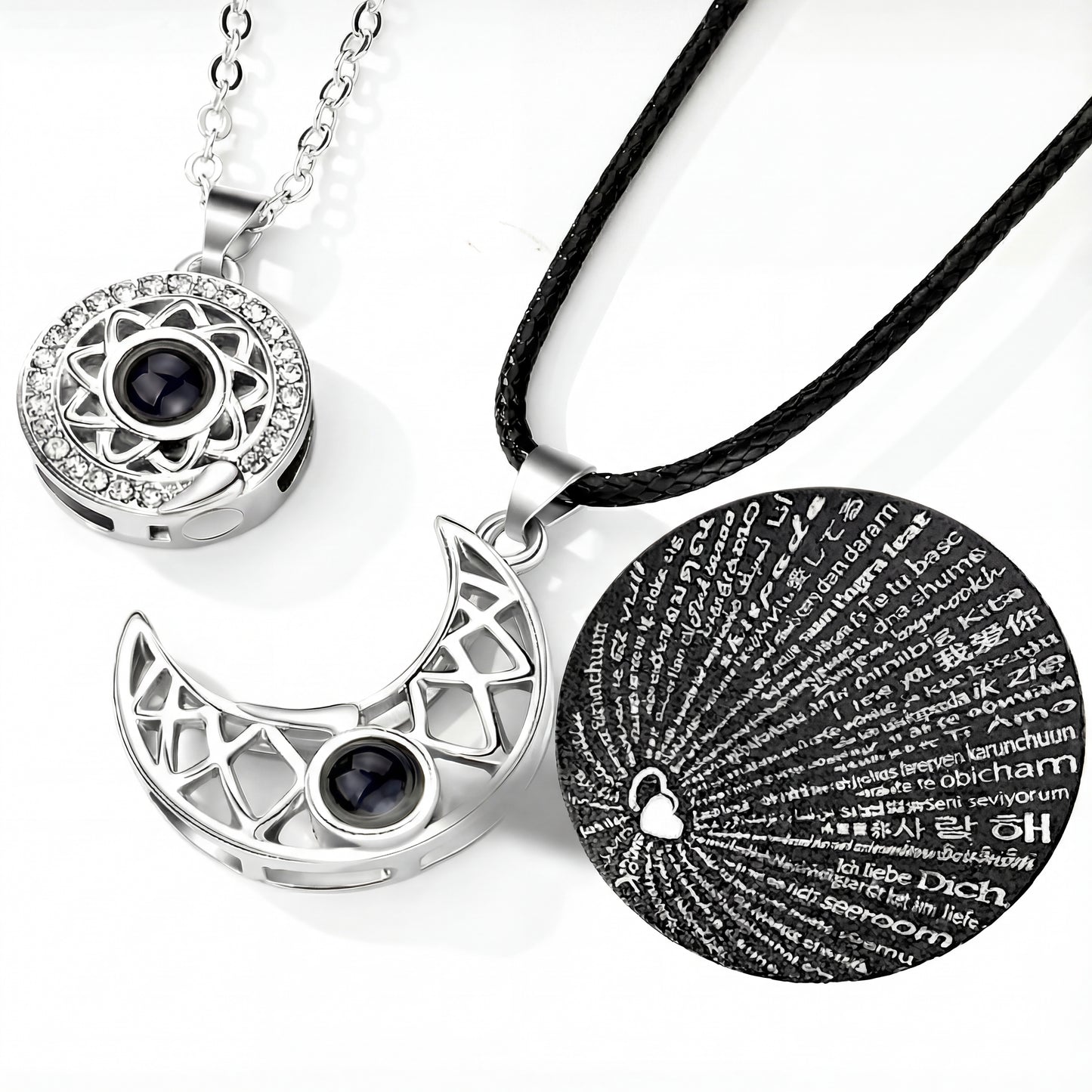 100 Dilde Seni Seviyorum Mercekli Ay-Güneş Sevgili Çift Kolyesi