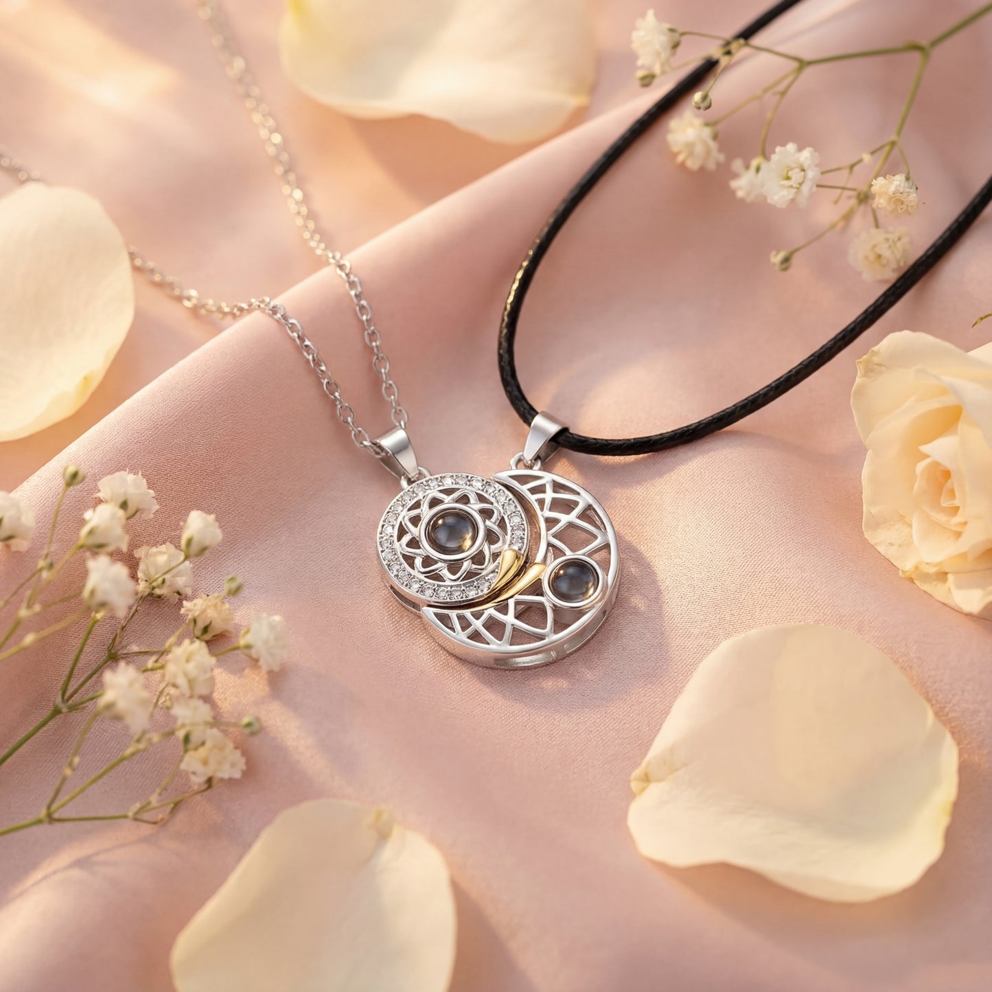 100 Dilde Seni Seviyorum Mercekli Ay-Güneş Sevgili Çift Kolyesi